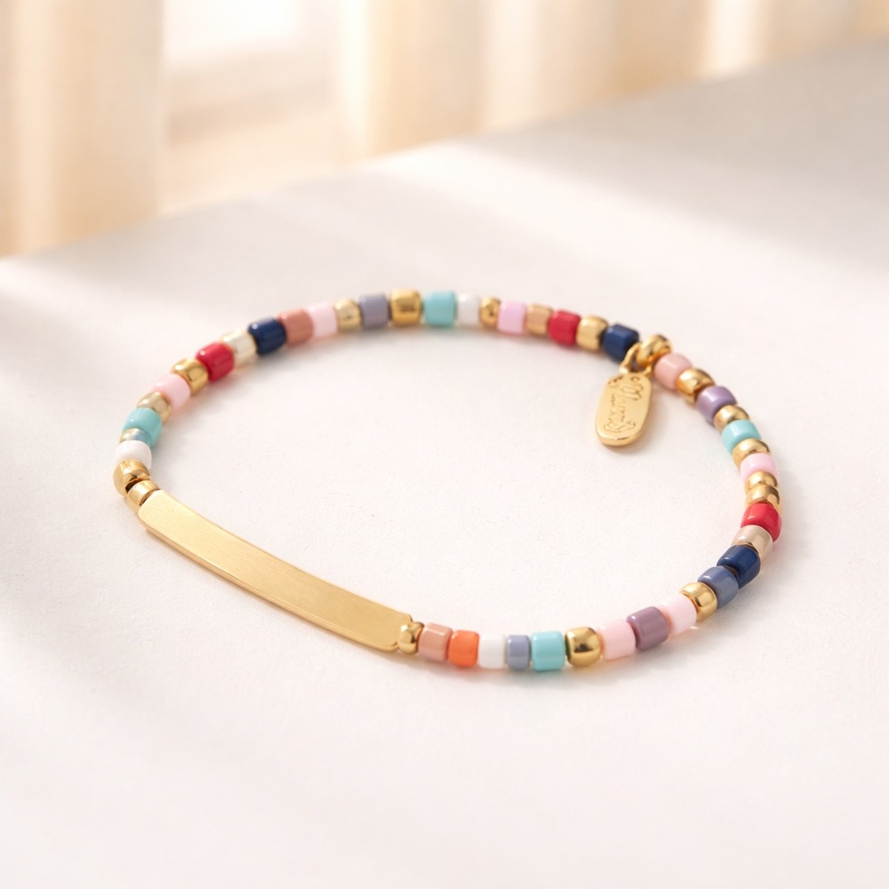 Plunder multicolor bead bracelet .. gold-toned engravable rectangular plate